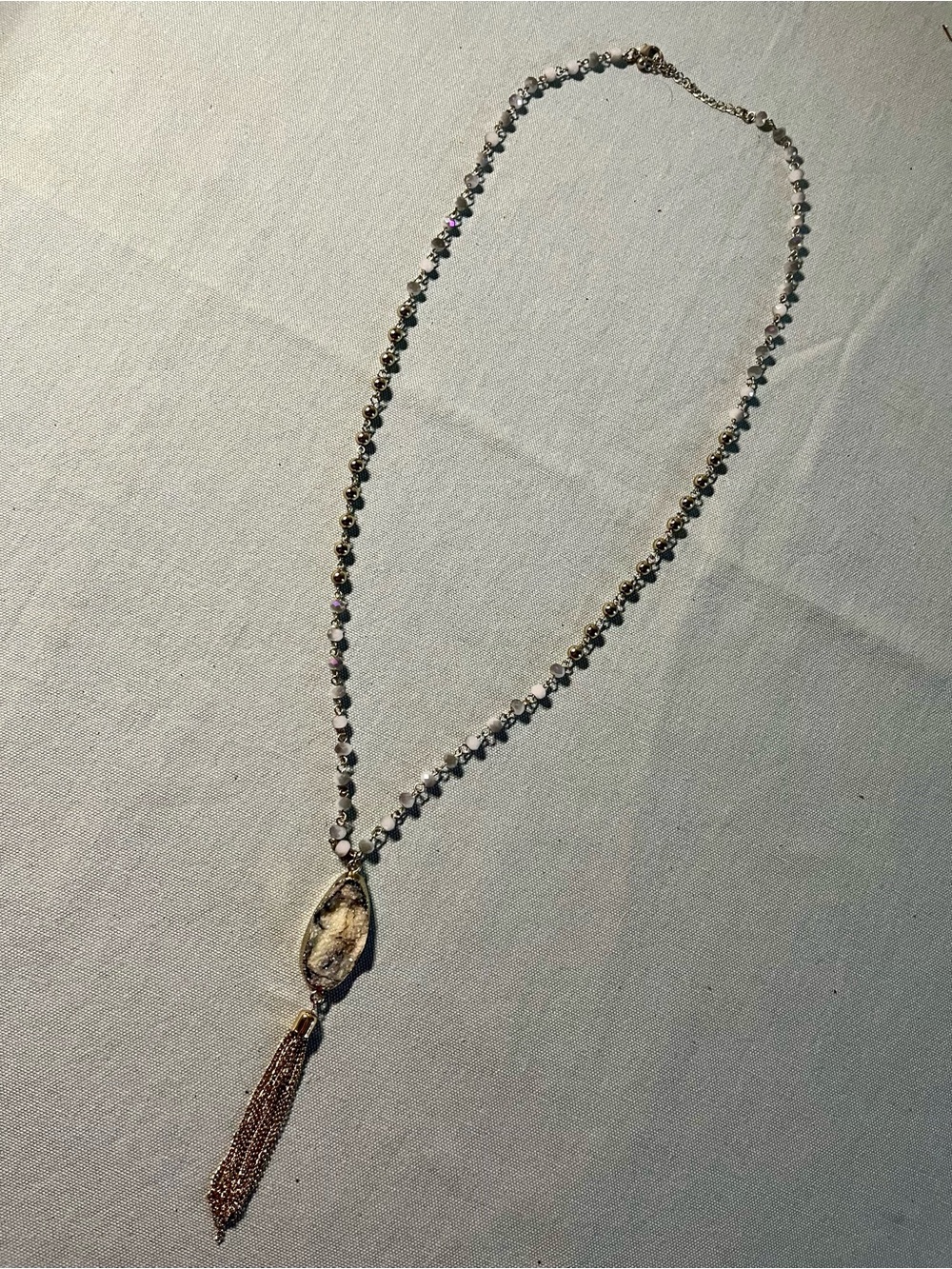 Beaded Stone Pendant Tassel Necklace - Rose Gold and Clear